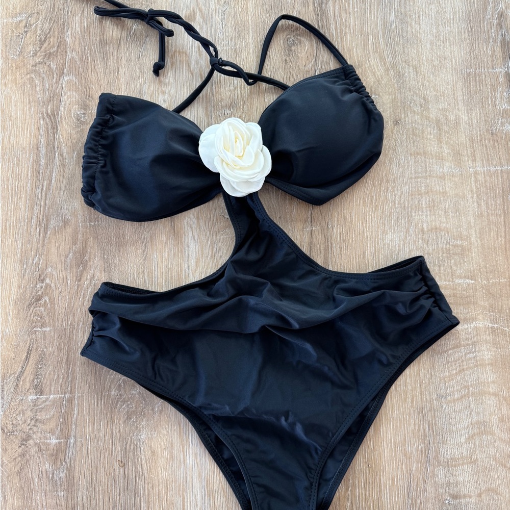 Black Monokini with White Floral Accent